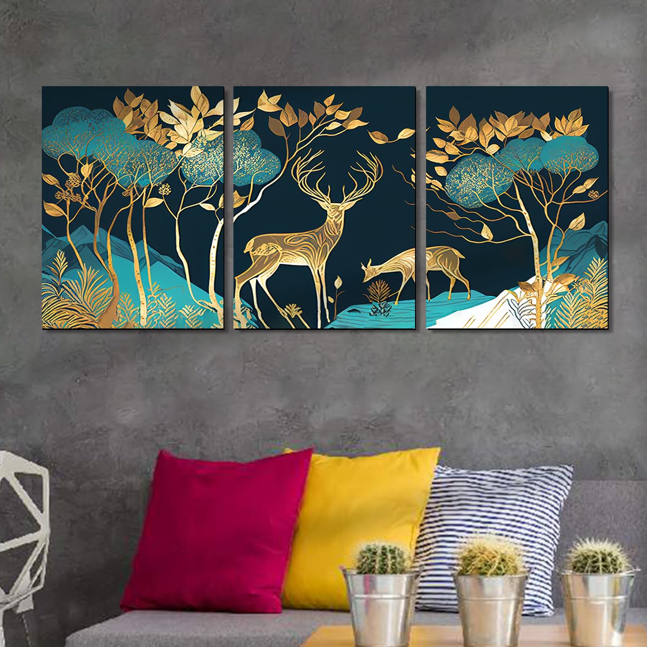 Kotart Green And Golden Deer Paintings Wall Art Mdf Panel Painting For Wall Decoration - Wall Paintings For Living Room, Bedroom